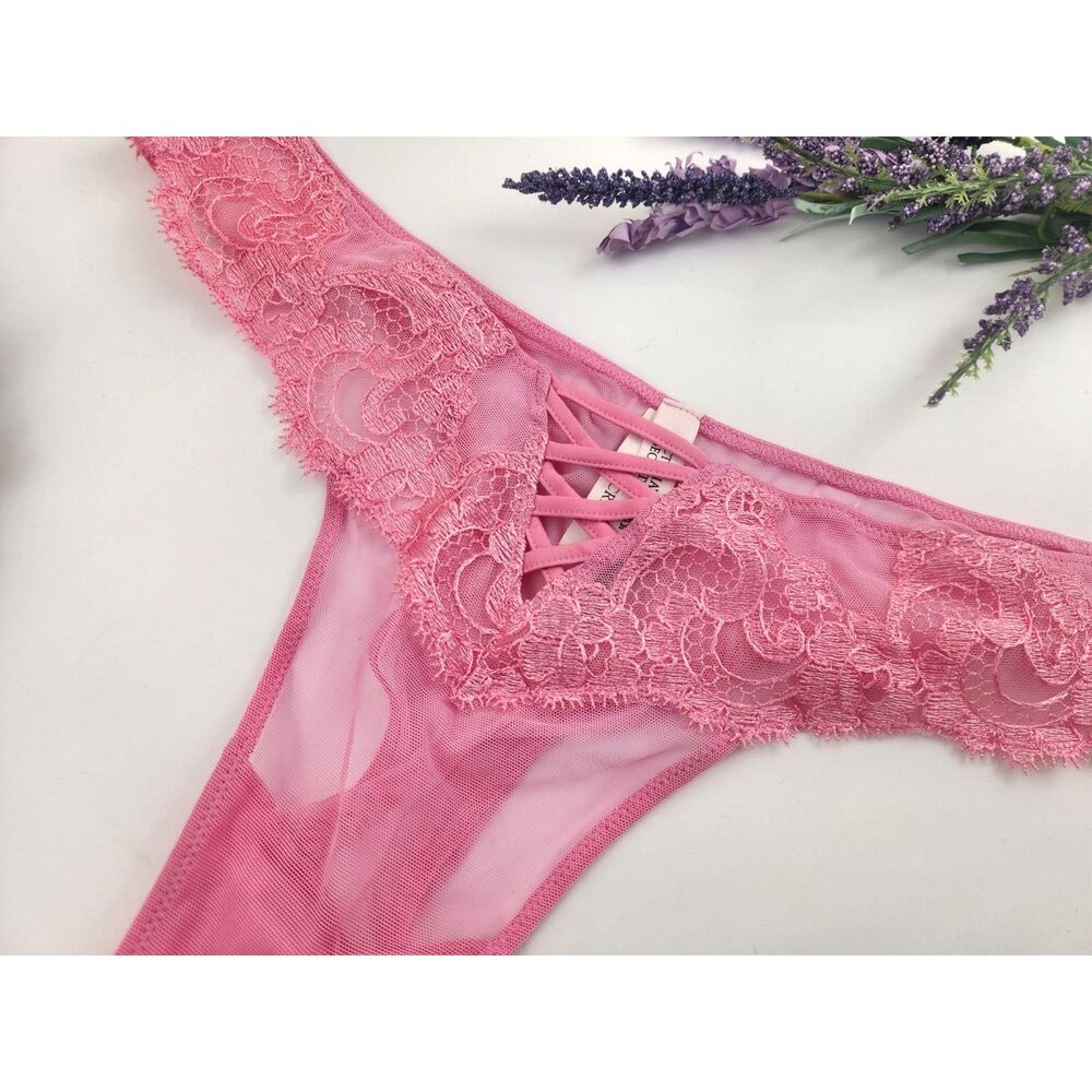 LARGE {Victoria's Secret} Pink {Lace} Brazilian Slip Panty - Picture 3 of 6